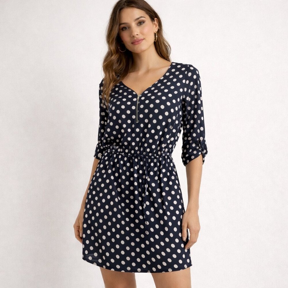 Ups & Downs Navy Polka Dot Zip Front Dress Elastic Waist 2X